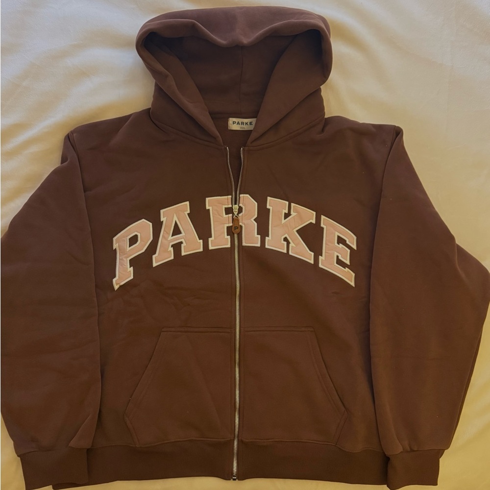 New PARKE Women’s Hometown Varsity Fleece ZipUp Hoodie Sweatshirt mocha/rose XXL - Picture 4 of 6